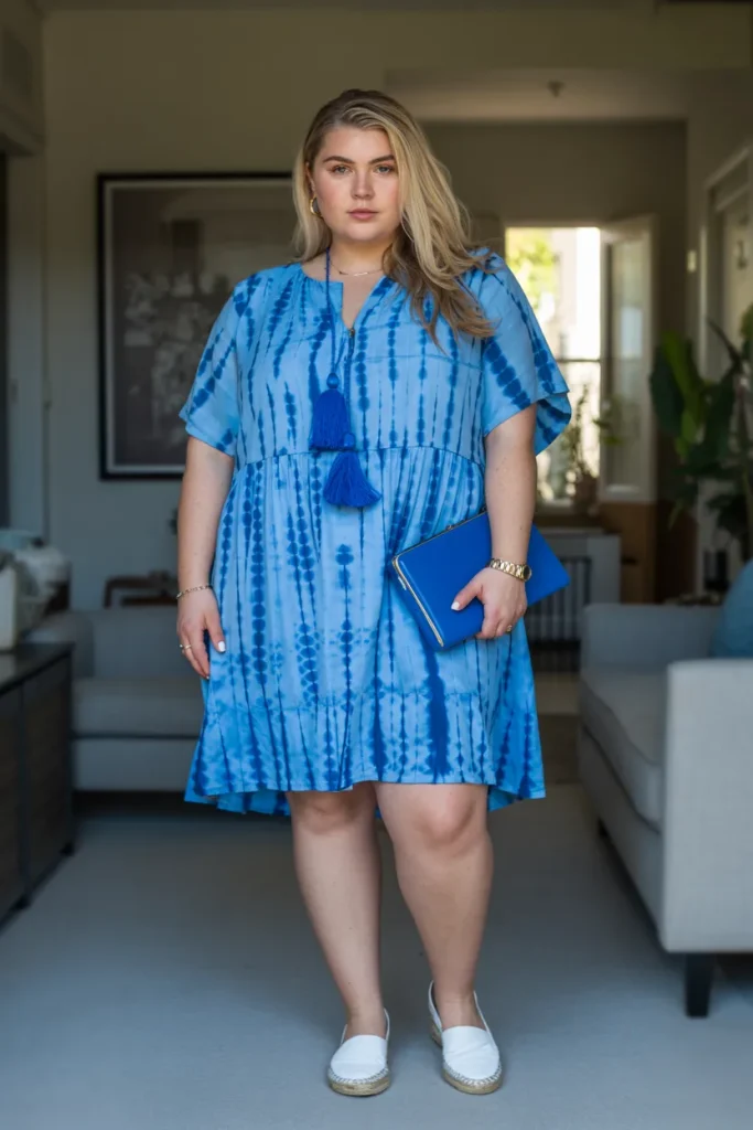Blue Tie Dye Boho Dress with Tassel Detailing White Espadrilles Blue Clutch