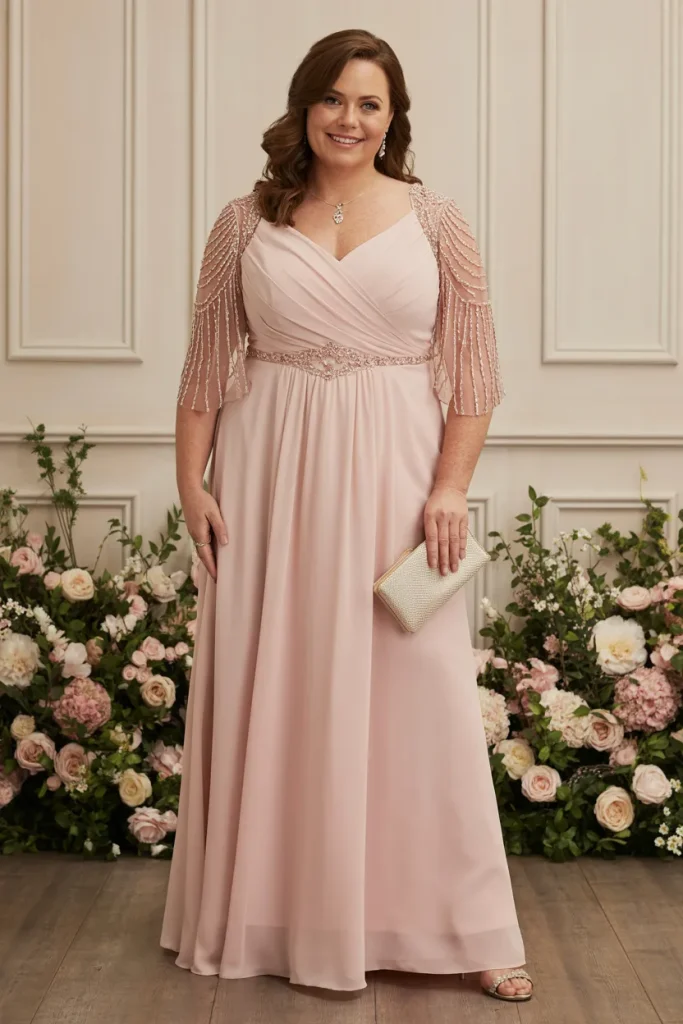 Blush Pink Chiffon Gown with Empire Waist and Beaded Sleeves