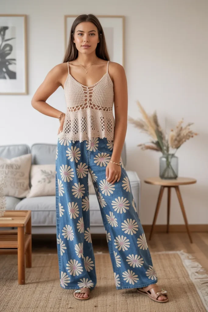 Boho Style Crochet Top with Flower Printed Wide Leg Jeans