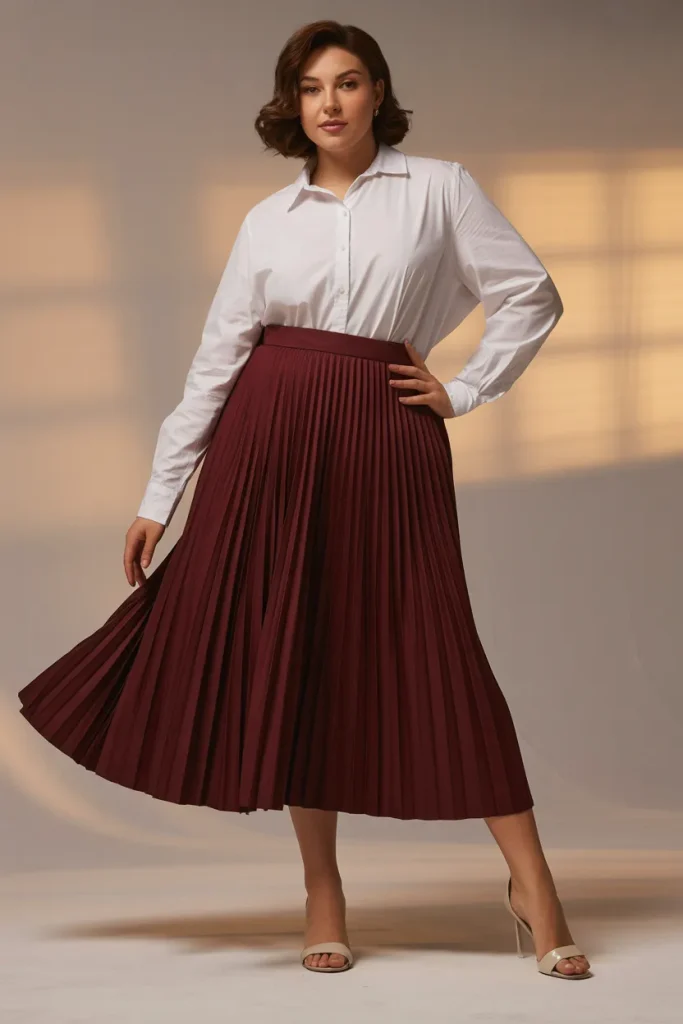 Burgundy Pleated Skirt with White Blouse