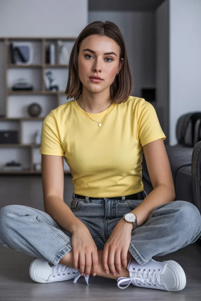 Butter Yellow Tee Soft Grey Denim