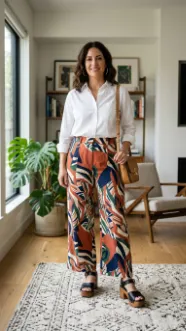 Button Down Shirt with Printed Pant and Platform Sandal