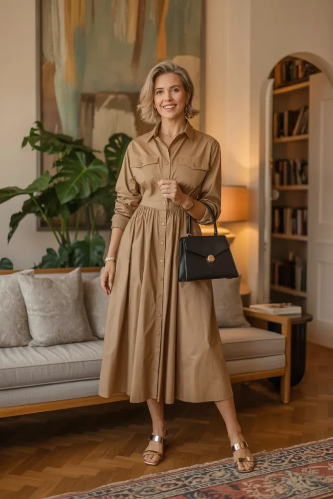 Button Midi Shirt Dress with Handbag