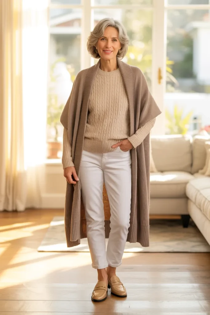 Cardigan with Cozy Top and White Jeans