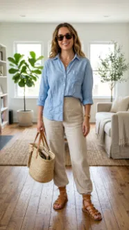 Casual Button Down Shirt and Linen Pant with Gladiator Sandal