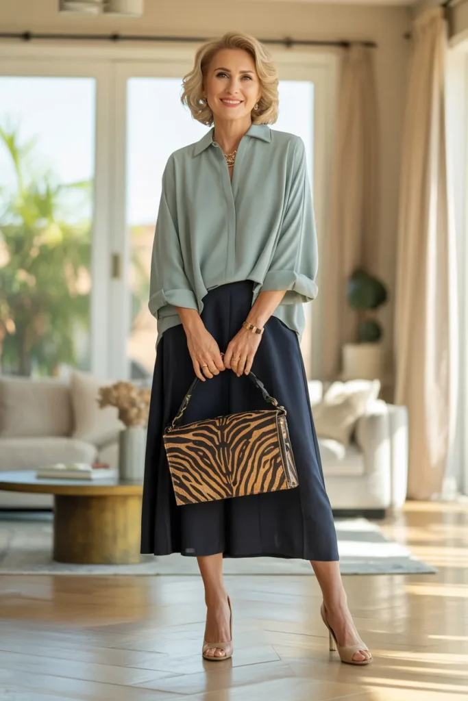 Casual Midi Dress with Animal Printed Handbag