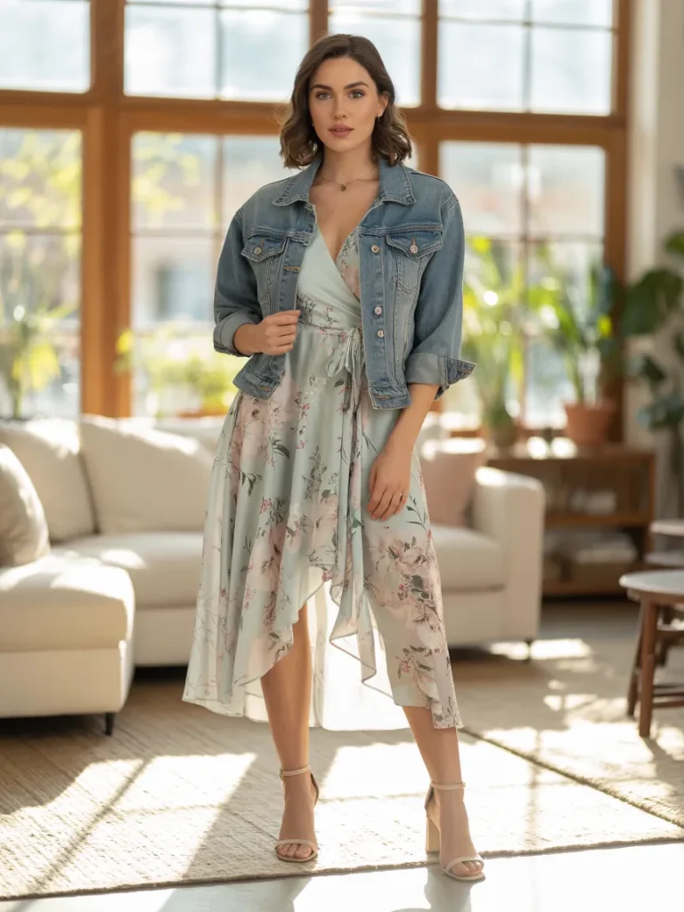 Casual Spring Wrap Dress with Denim Jacket and Heel Sandals