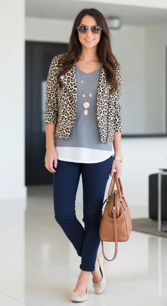 Casual Top with Ankle Pant Over Animal Printed Jacket and Ballet Flats 1
