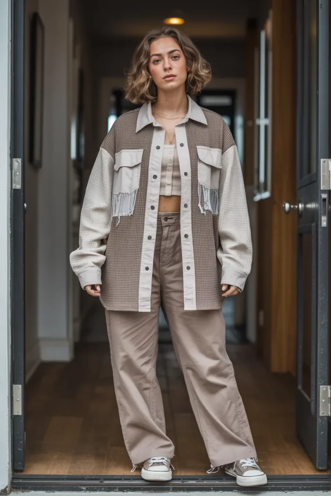 Casual Waffle Patchwork Rip Cropped Jacket Button Down Shirt Shacket Knit Tops