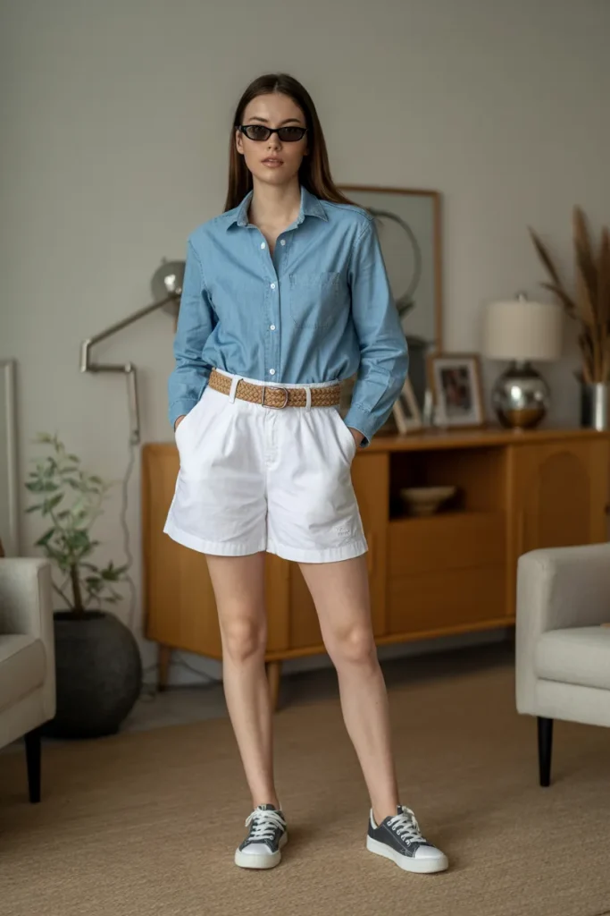 Chambray Shirt White Cotton Shorts