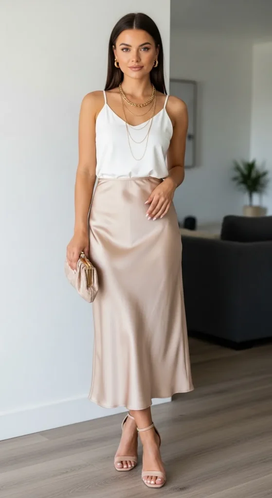 Champagne Satin Slip Skirt White Tank