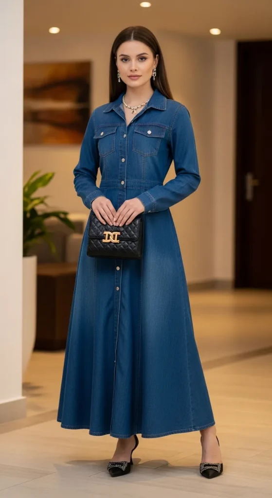 Classy Long Denim Dress with Elegant Jewelry