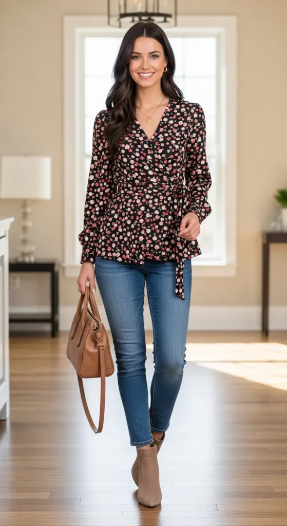 Classy Wrap Blouse with Jeans and Ankle Boots