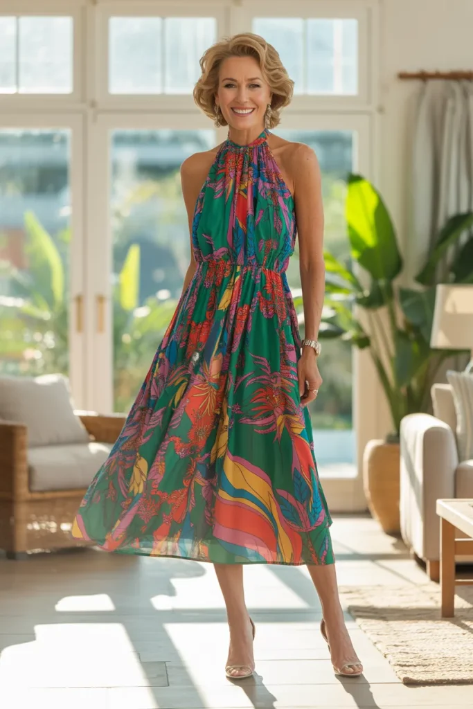 Colorful Printed Halter Neck Long Midi Dress