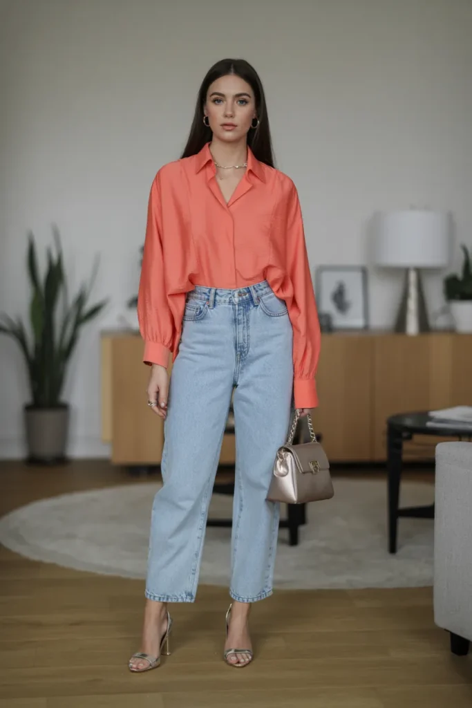 Coral Relaxed Blouse Light Wash Jeans
