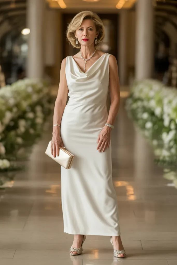 Cowl Neck Long White Dress with Elegant Jewellery
