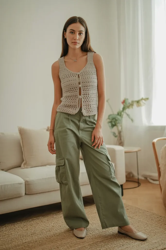 Crochet Summer Vest Top with Cargo Pants and Flats