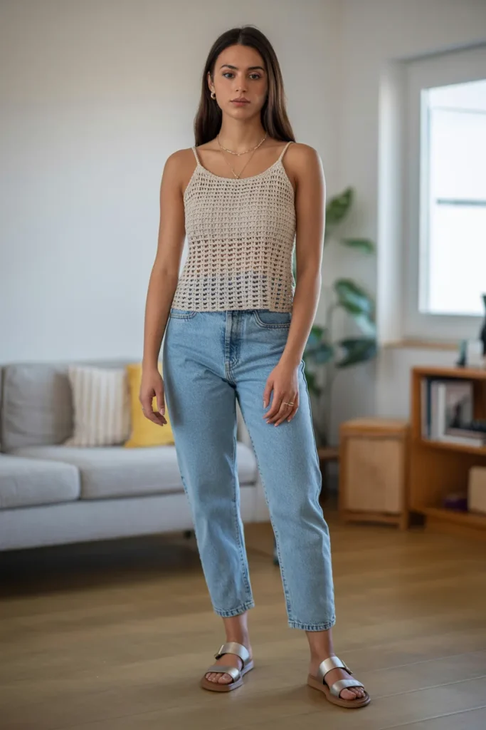 Crochet Top with Ankle Jeans and Sandals