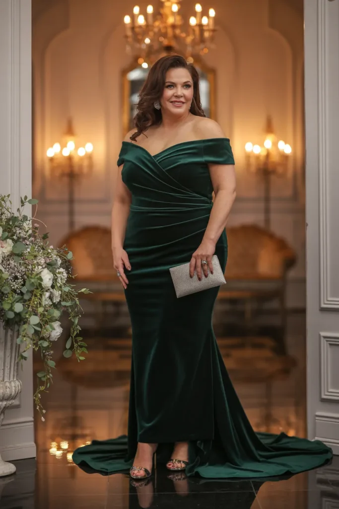 Dark Green Off Shoulder Velvet Designer Dress