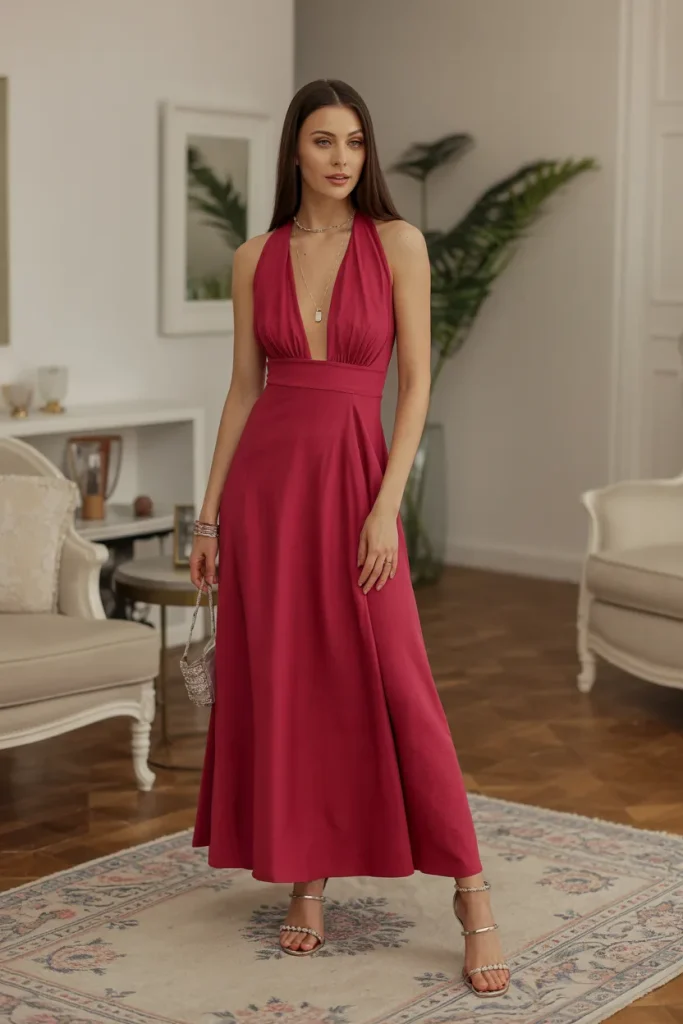 Deep Neck Long Dress with Strappy Heels