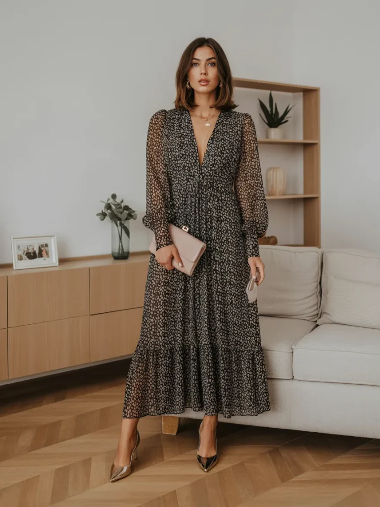 Deep Neck Long Printed Dress for Spring Outfits
