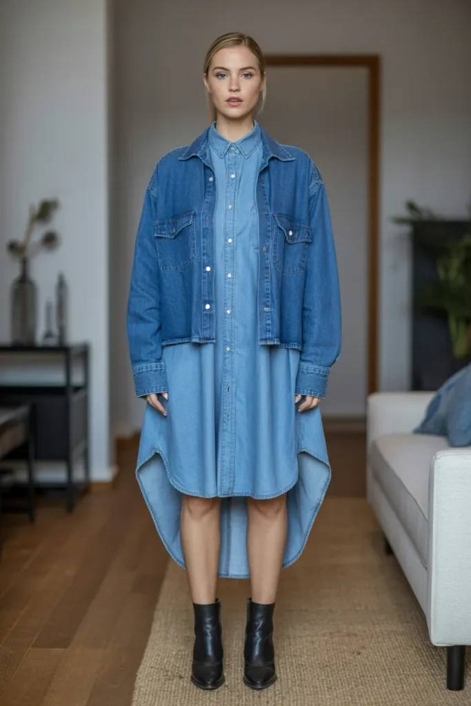 Denim Shirt Dress Over Cropped Jacket with Ankle Boots