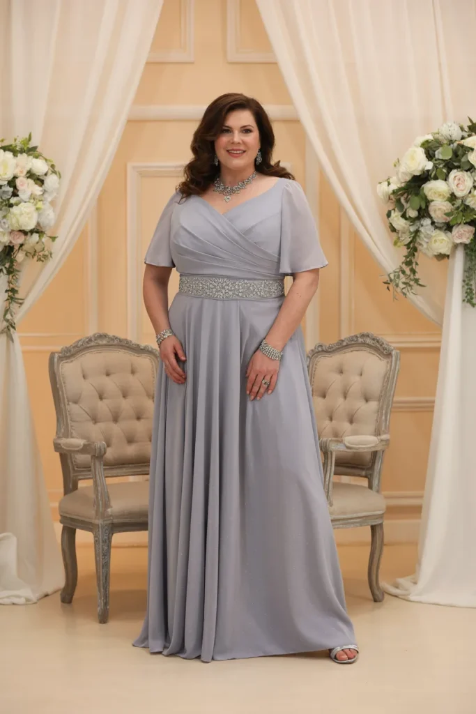 Designer Grey Long Dress with Silver Jewelry