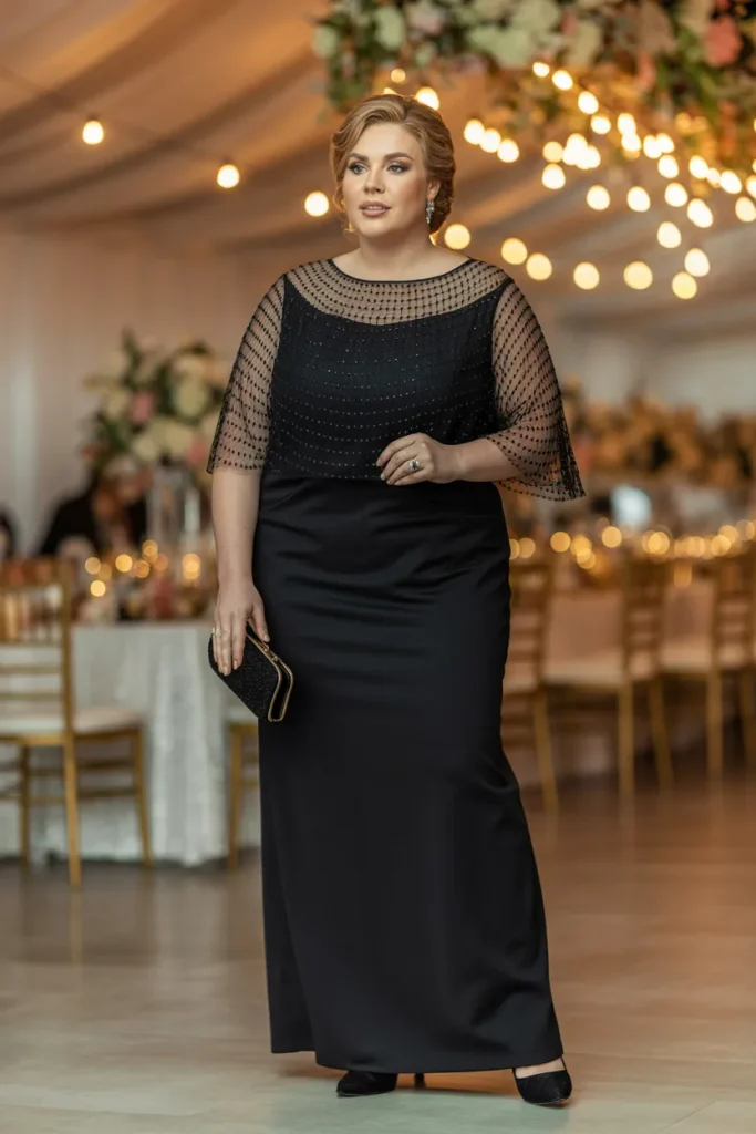 Elegant Black Net Sleeve Plus Size Mother of the Bride Dress