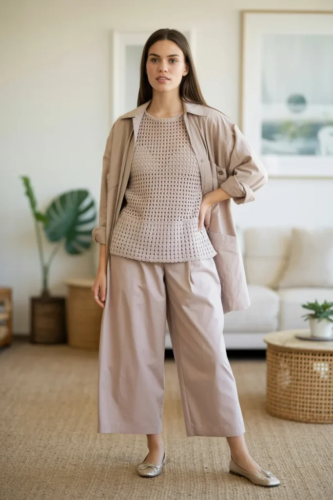Elegant Crochet Summer Top with Ankle Pants Over a Shacket and Flats