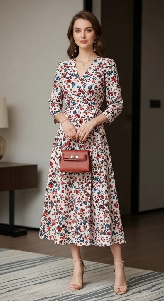 Elegant Floral Printed Wrap Dress with Mini Handbag