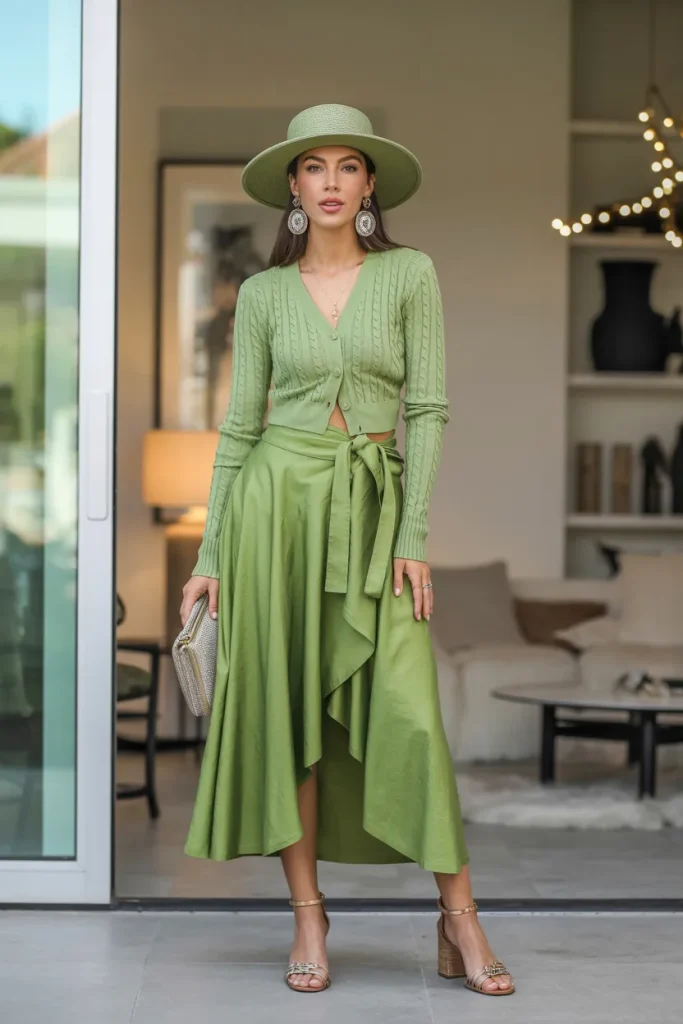 Elegant Green Cardigan with Wrap Skirt and Cruise Style Hat