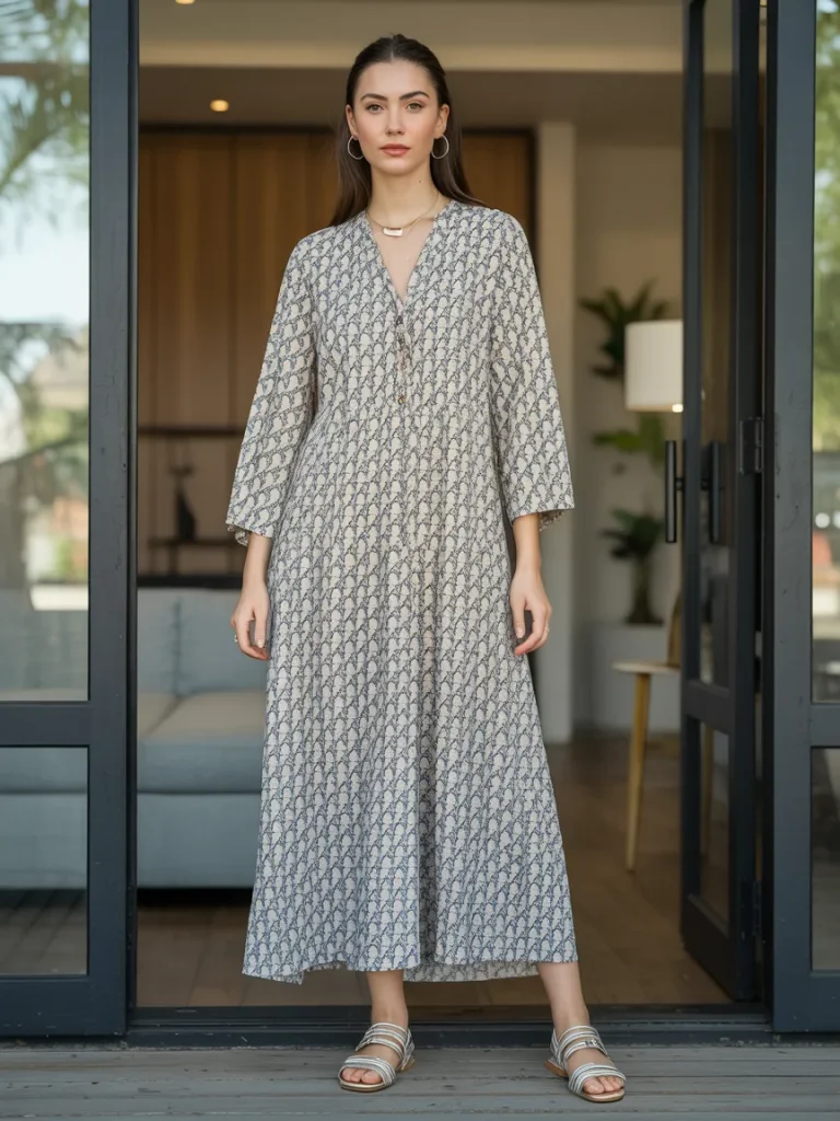 Elegant Printed Long Dress with Sandals