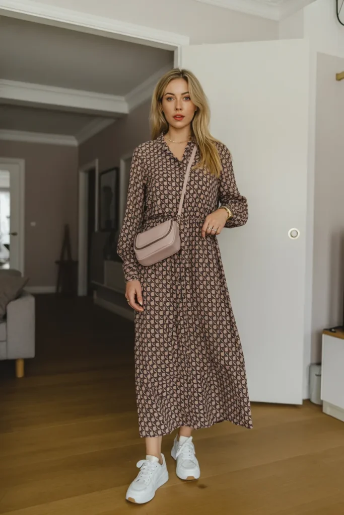 Elegant Printed Long Dress with Sneakers