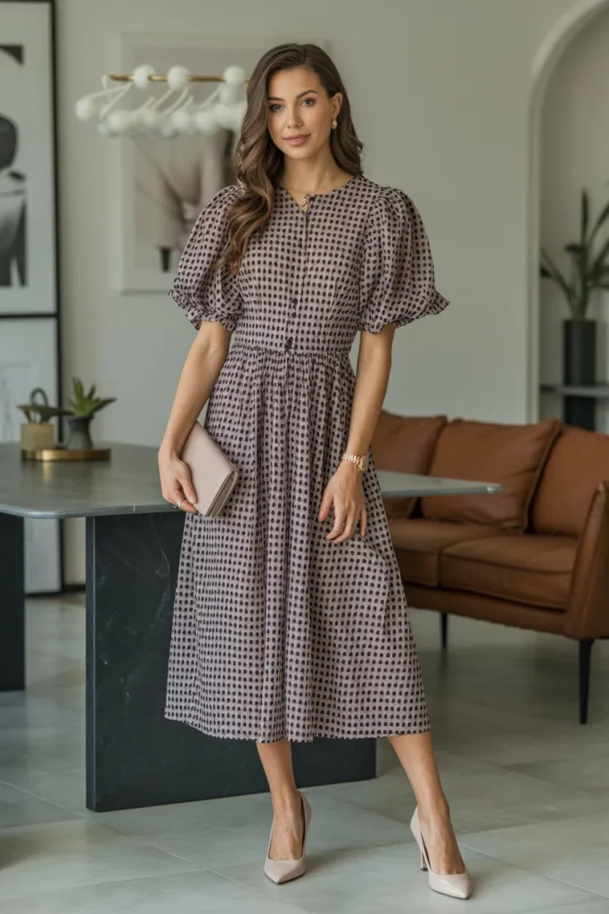 Elegant Printed Midi Dress with Pumps