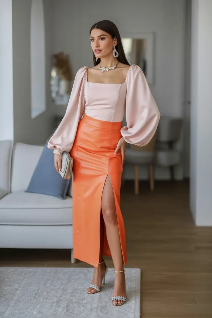 Elegant Square Neck Balloon Sleeves Top with Long Slit Skirt