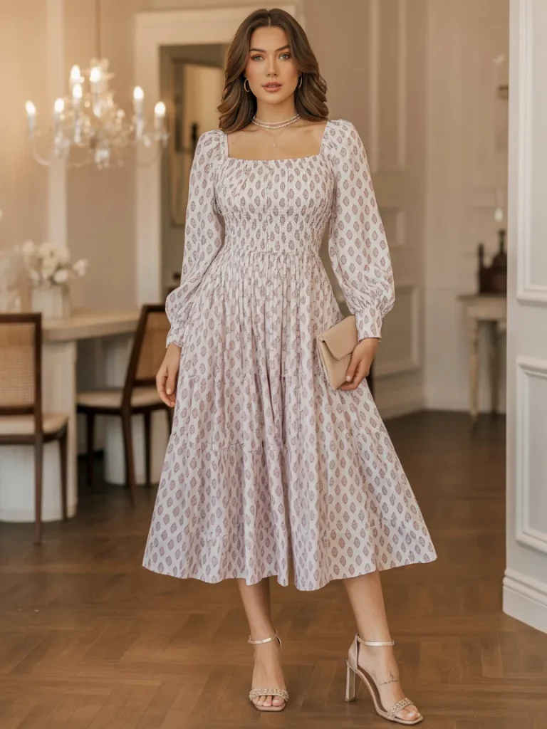 Elegant Square Neck Printed Dress With Ankle Heels