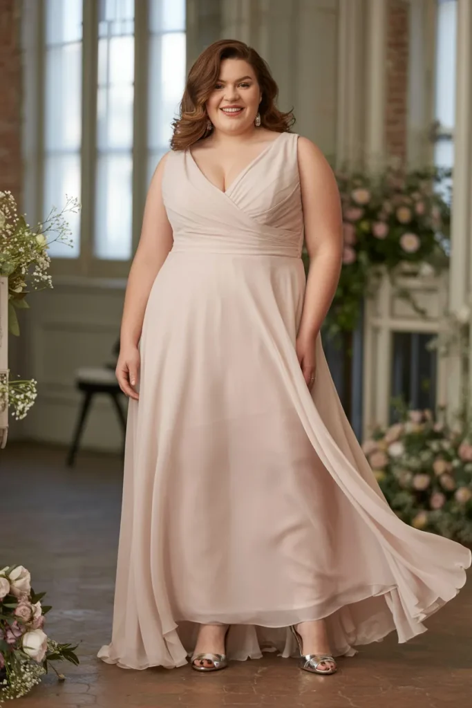 Floor Length Chiffon V Neck Dress with Silver Heels
