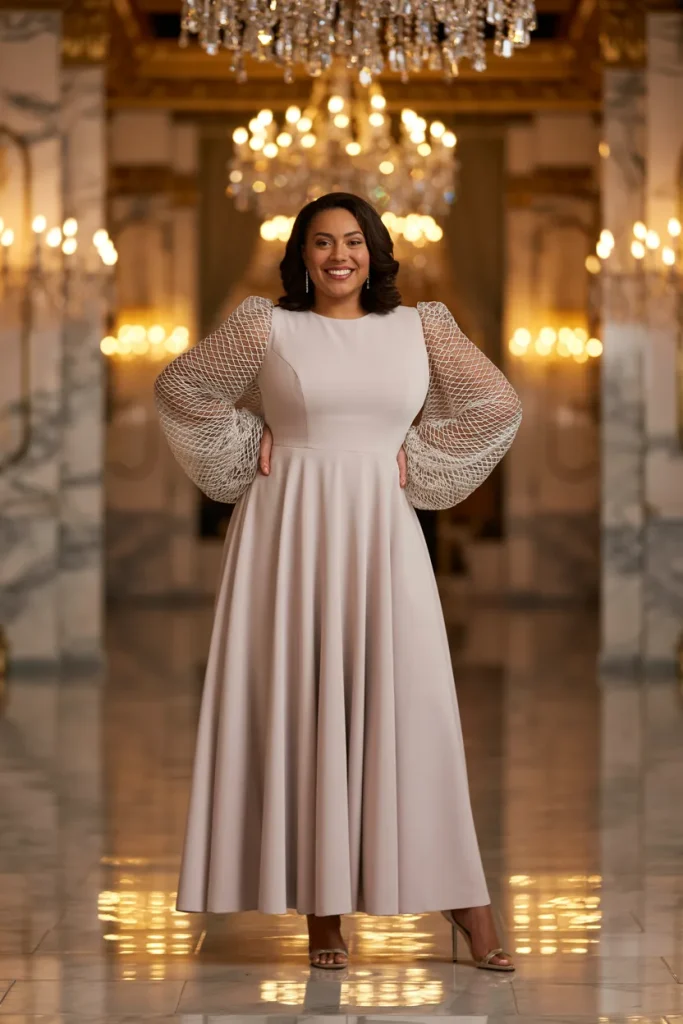 Floor Length Net Sleeve Plus Size Dress