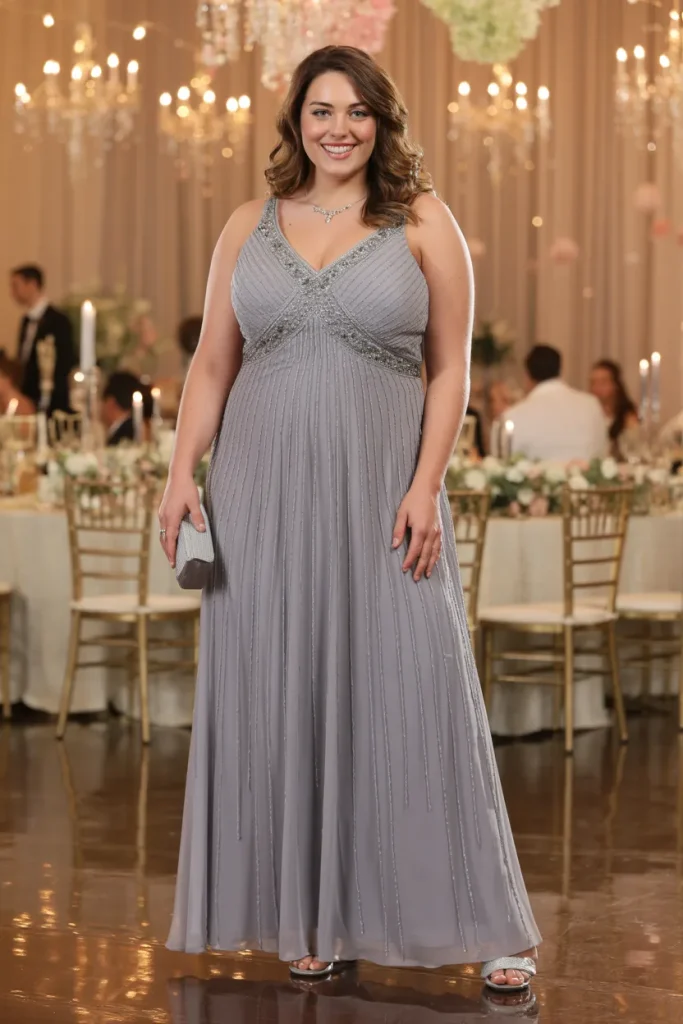 Floor Length Silver Grey Chiffon Dress with Beadwork