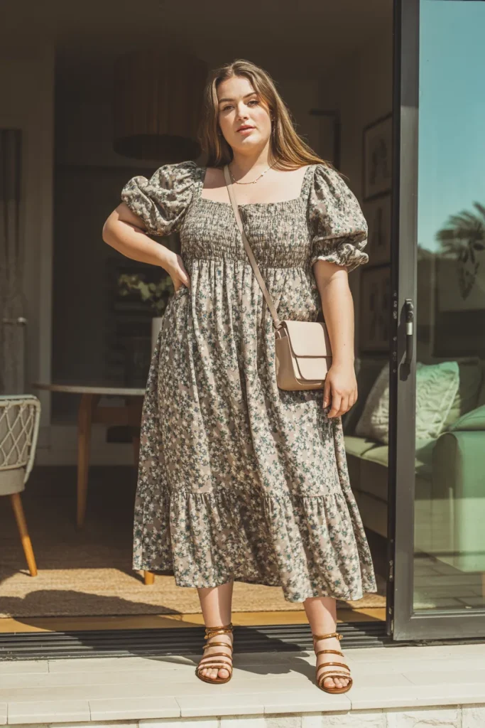 Floral Maxi Boho Dress with Puff Sleeves Brown Strappy Sandals Beige Crossbody Bag