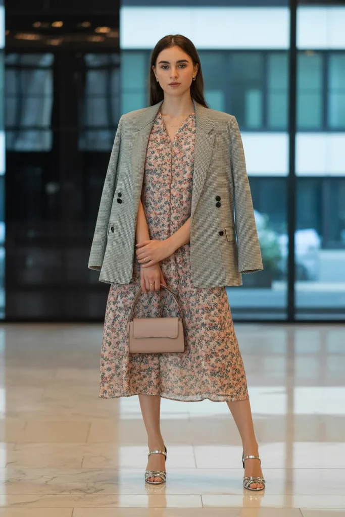 Floral Midi Dress with Tailored Blazer
