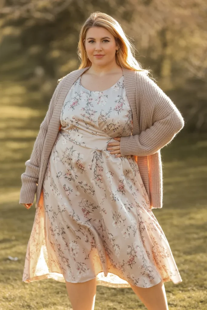 Floral Print Midi Dress with Beige Cardigan