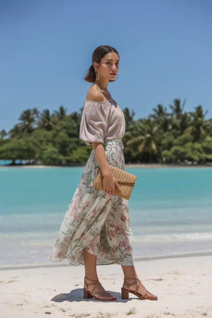 Floral Wrap Skirt with Off Shoulder Blouse