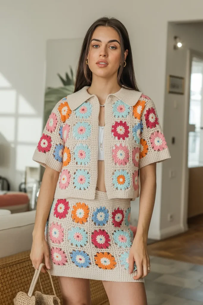 Flower Printed Crochet Top with Matching Skirt