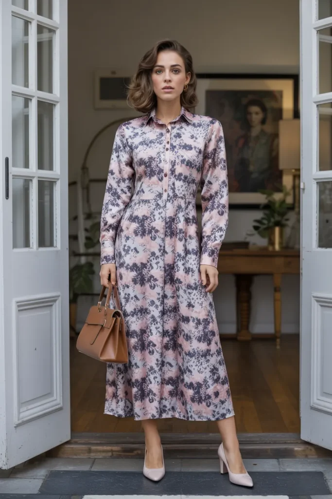 Flower Printed Long Shirt Dress and Pumps