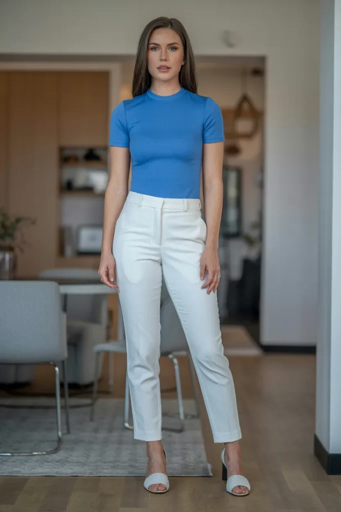 Formal T Shirt with White Pant and Open Toe Heels