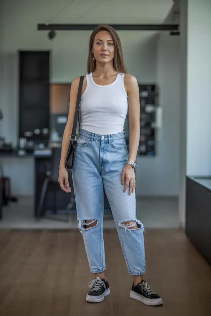 Formal Tank Top with Distressed Jeans and Sneakers