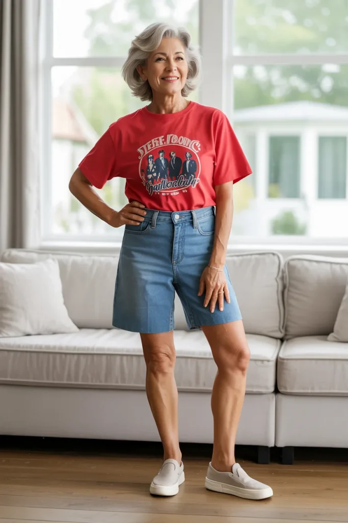 Graphic Red T Shirt with Denim Shorts and Slip On