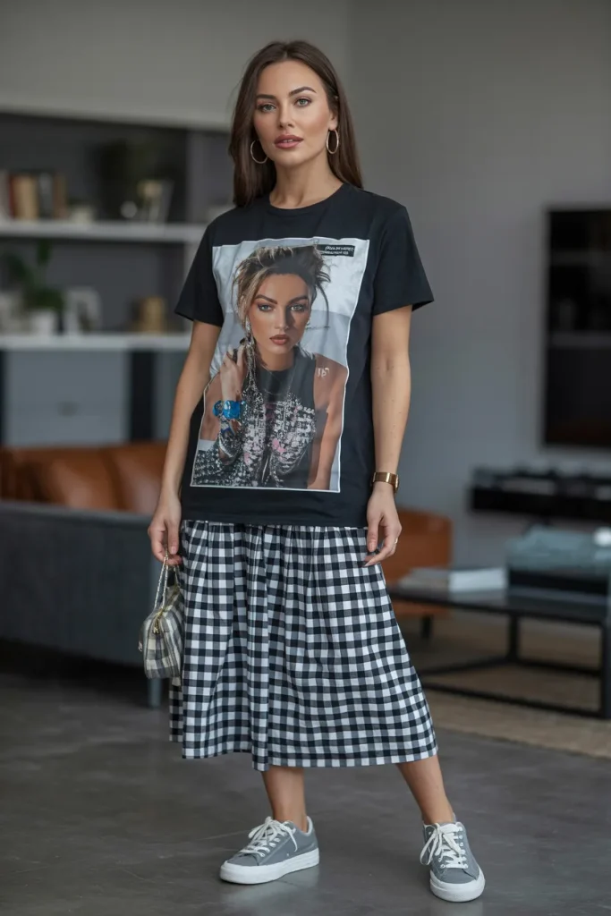 Graphic T Shirt with Checkered Skirt