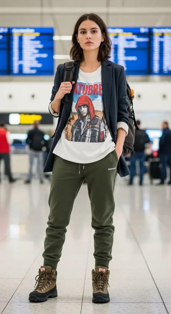 Graphic T Shirt with Jogger Over Blazer and Hiking Boots